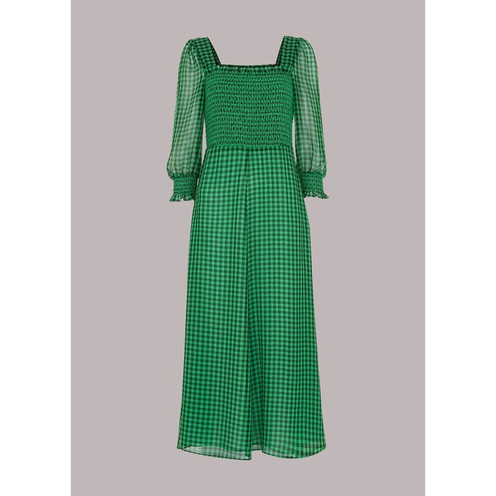 $319 Whistles Green Lottie Gingham Smocked Midi Dress Square Neck US 6 UK 10